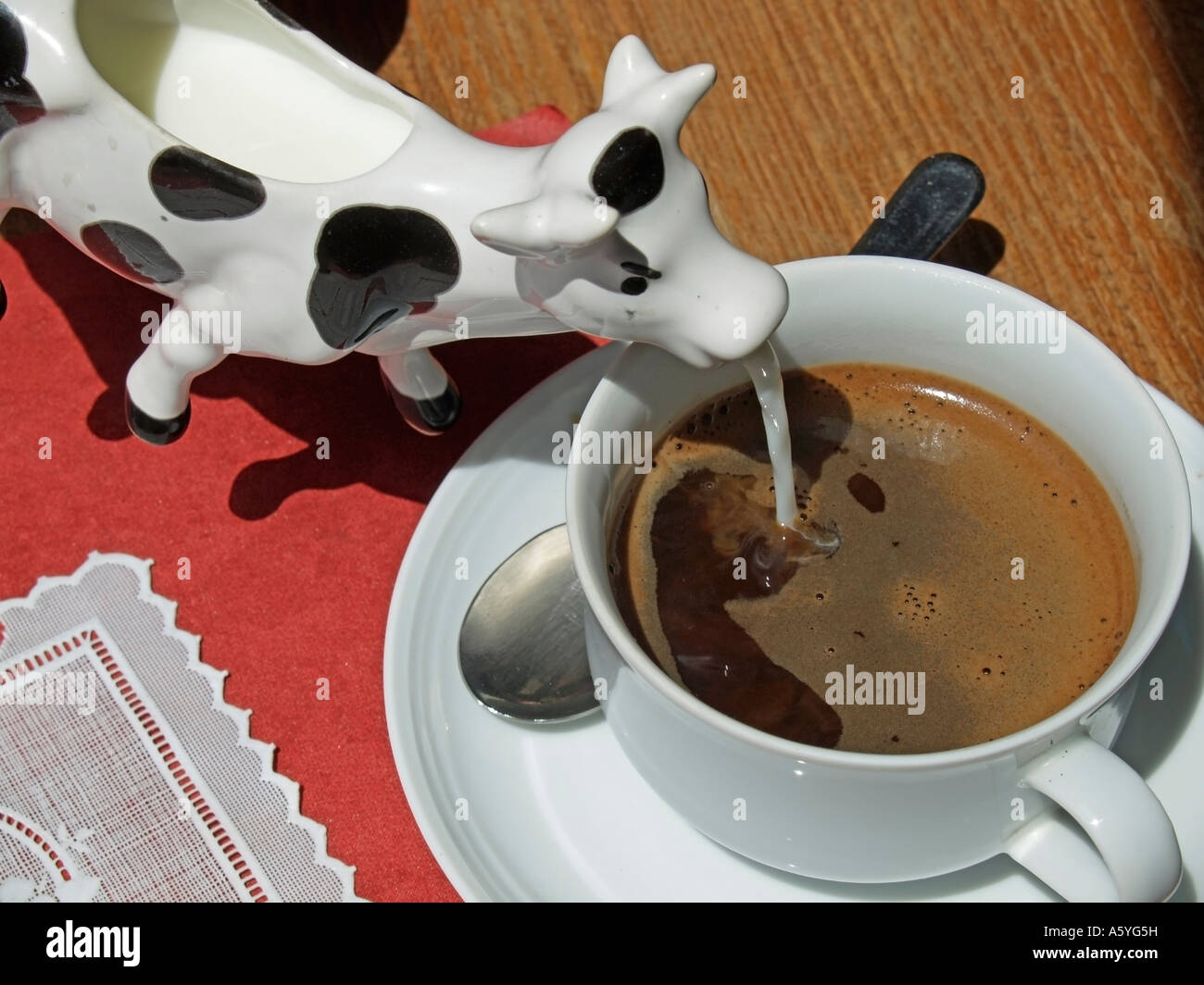 pouring milk out of a milk jug in form of a cow into a cup of coffee on