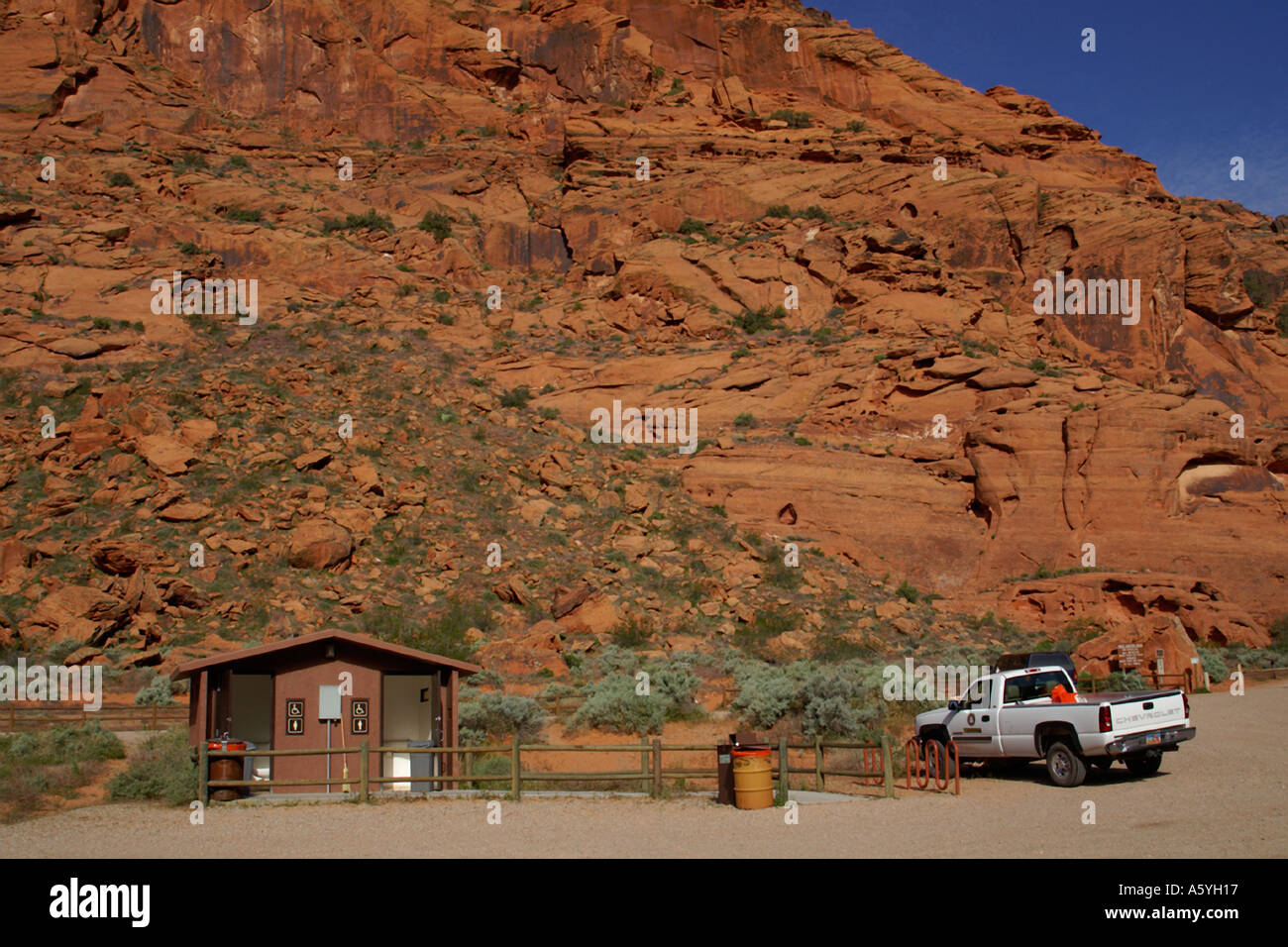 us park service maintenance worker cleaning restrooms Snow Canyon State Park Utah U S A Stock Photo