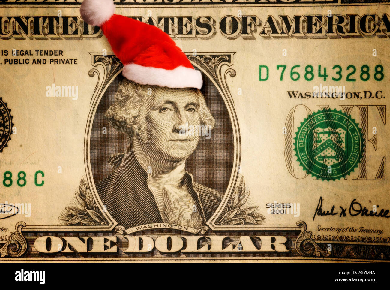 George Washington wearing Christmas Hat on US one dollar bill note Stock Photo