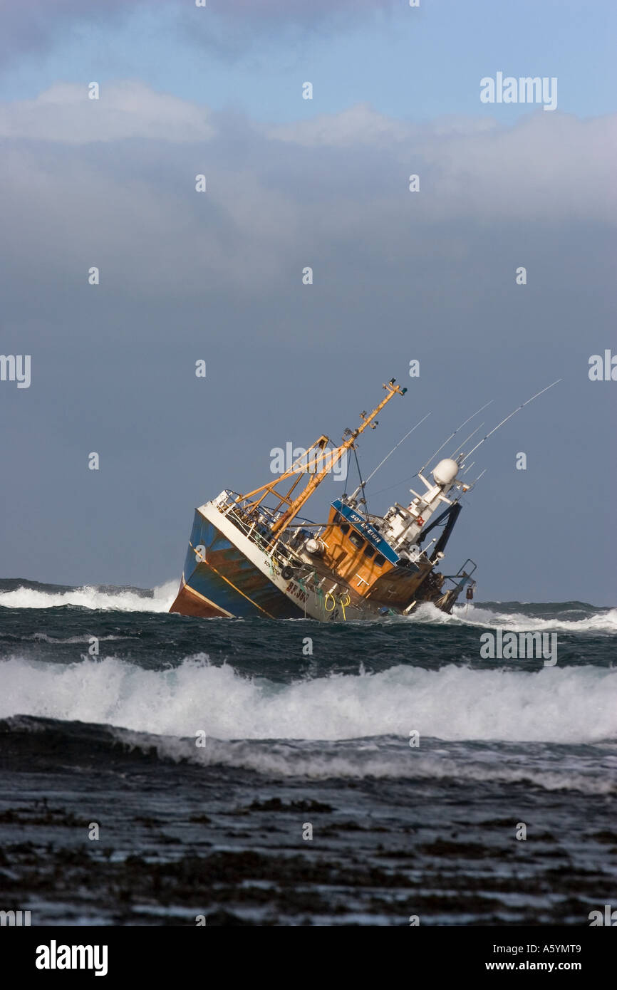 Beached grounded wreck of Banff Fishing Vessel boat BF 380 aground on