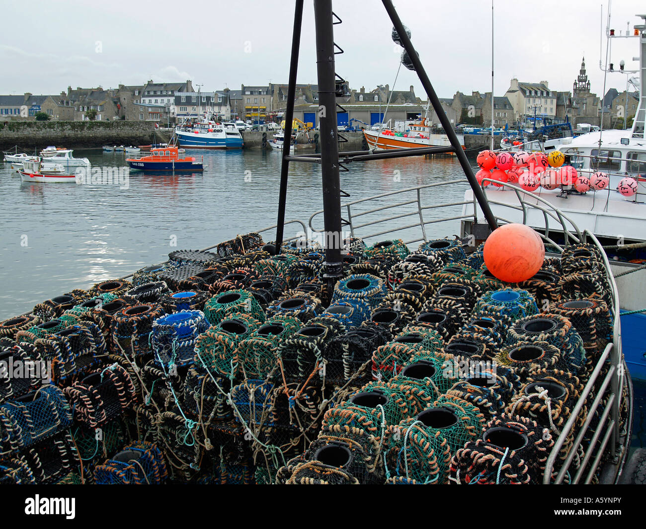 catching baskets for crustaceans crabs on a ship in fishing port in