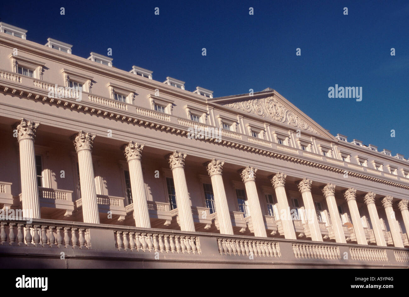 Columns, porches and roofline of Carlton House Terrace on a diagonal tilt, overlooking The Mall, Westminster, London, England Stock Photo