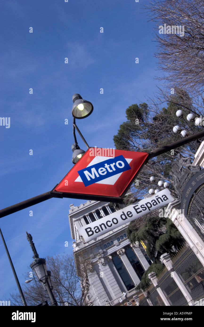 Banco de espana Metro Madrid underground tube service sign on outside of station Stock Photo