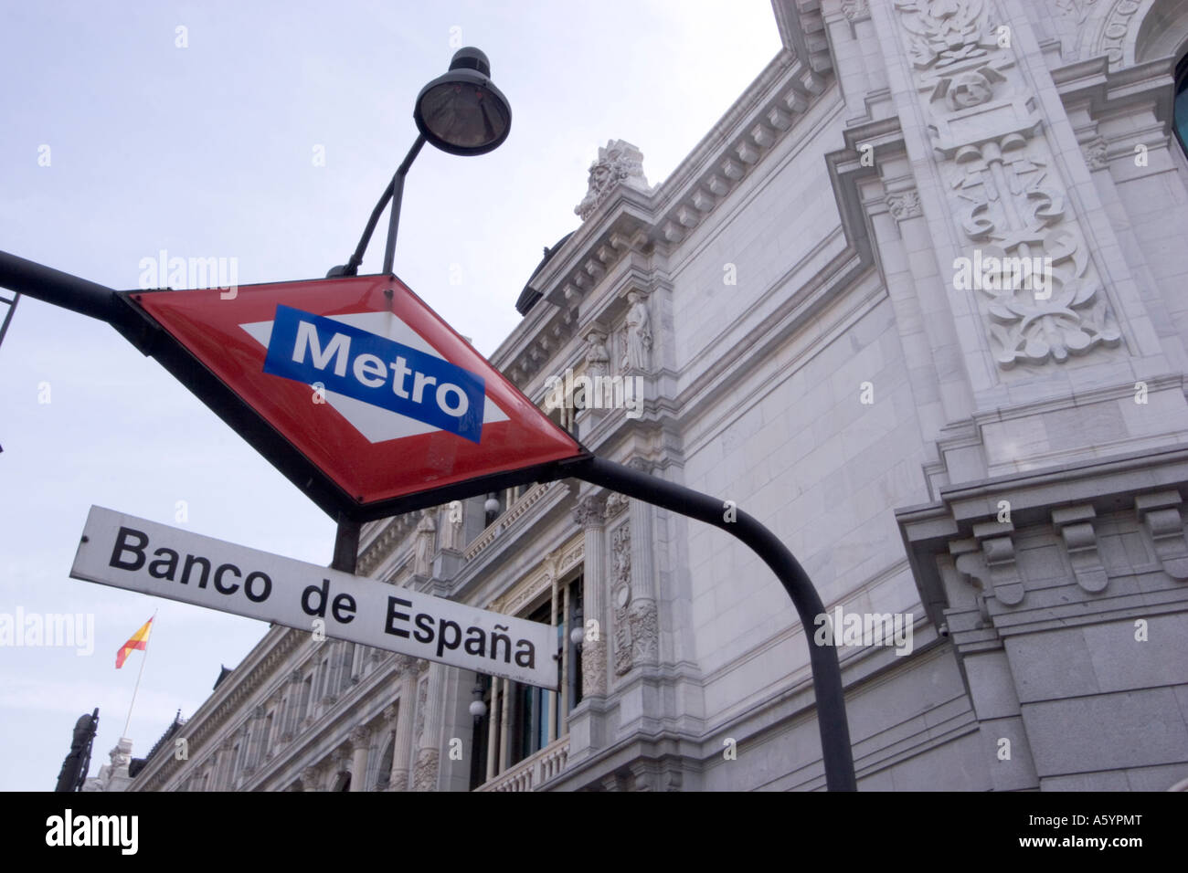 Banco de espana Metro Madrid underground tube service sign on outside of station Stock Photo