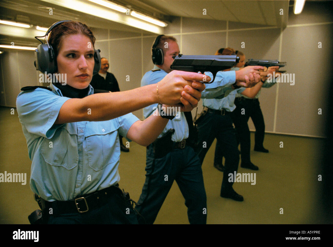 Police officers undergoing shooting training, Netherlands Stock Photo