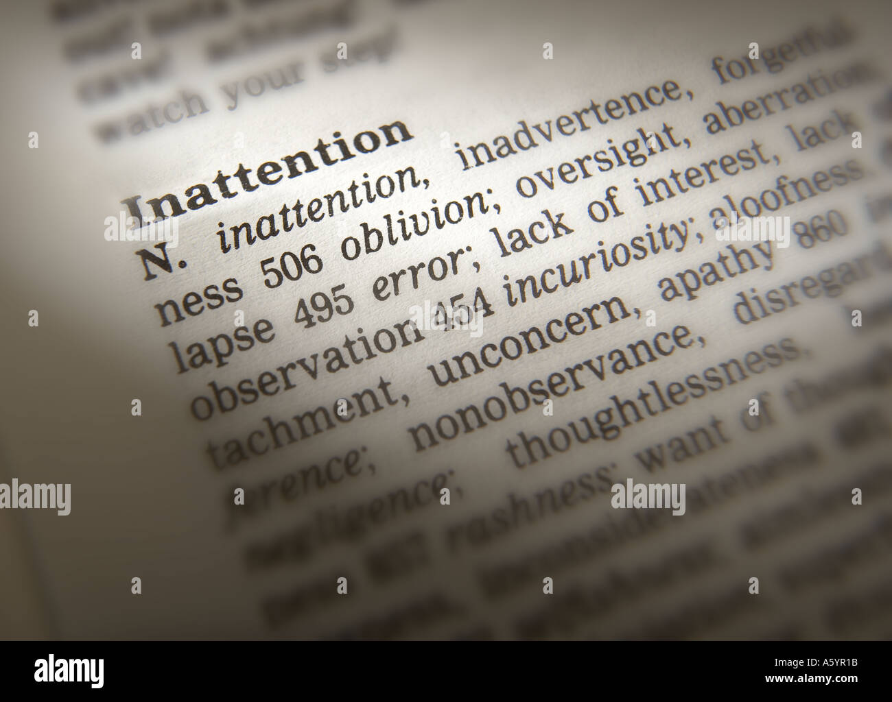 THESAURUS PAGE SHOWING DEFINITION OF WORD INATTENTION Stock Photo Alamy