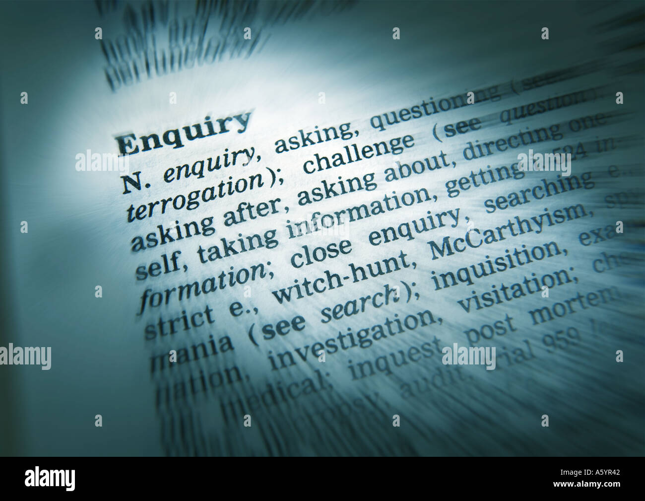 THESAURUS PAGE SHOWING DEFINITION OF WORD ENQUIRY Stock Photo