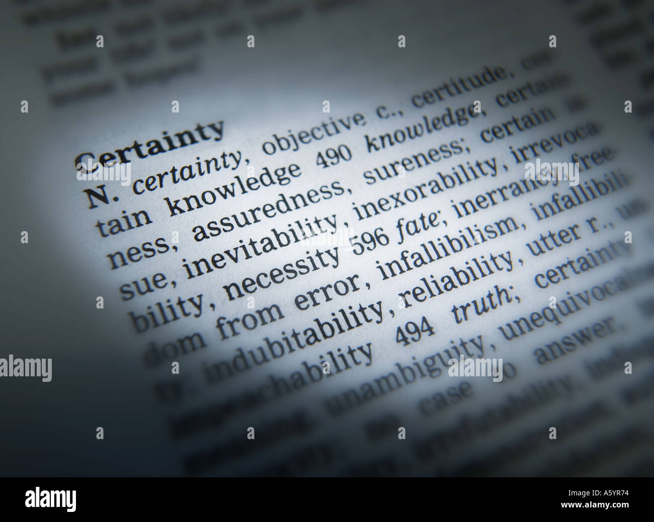 THESAURUS PAGE SHOWING DEFINITION OF WORD CERTAINTY Stock Photo