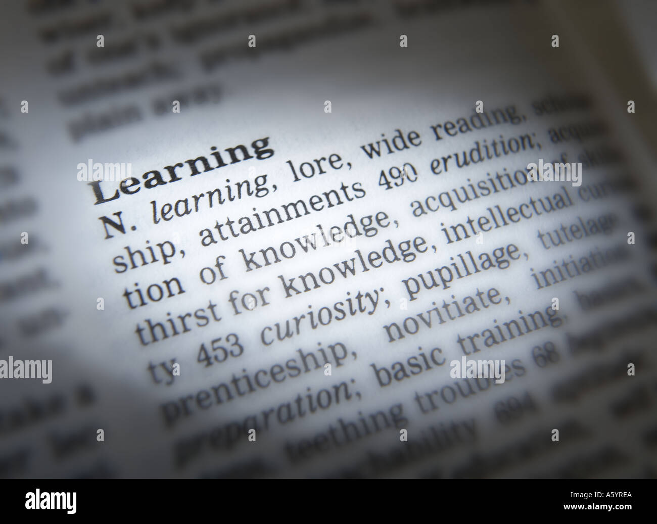 THESAURUS PAGE SHOWING DEFINITION OF WORD LEARNING Stock Photo