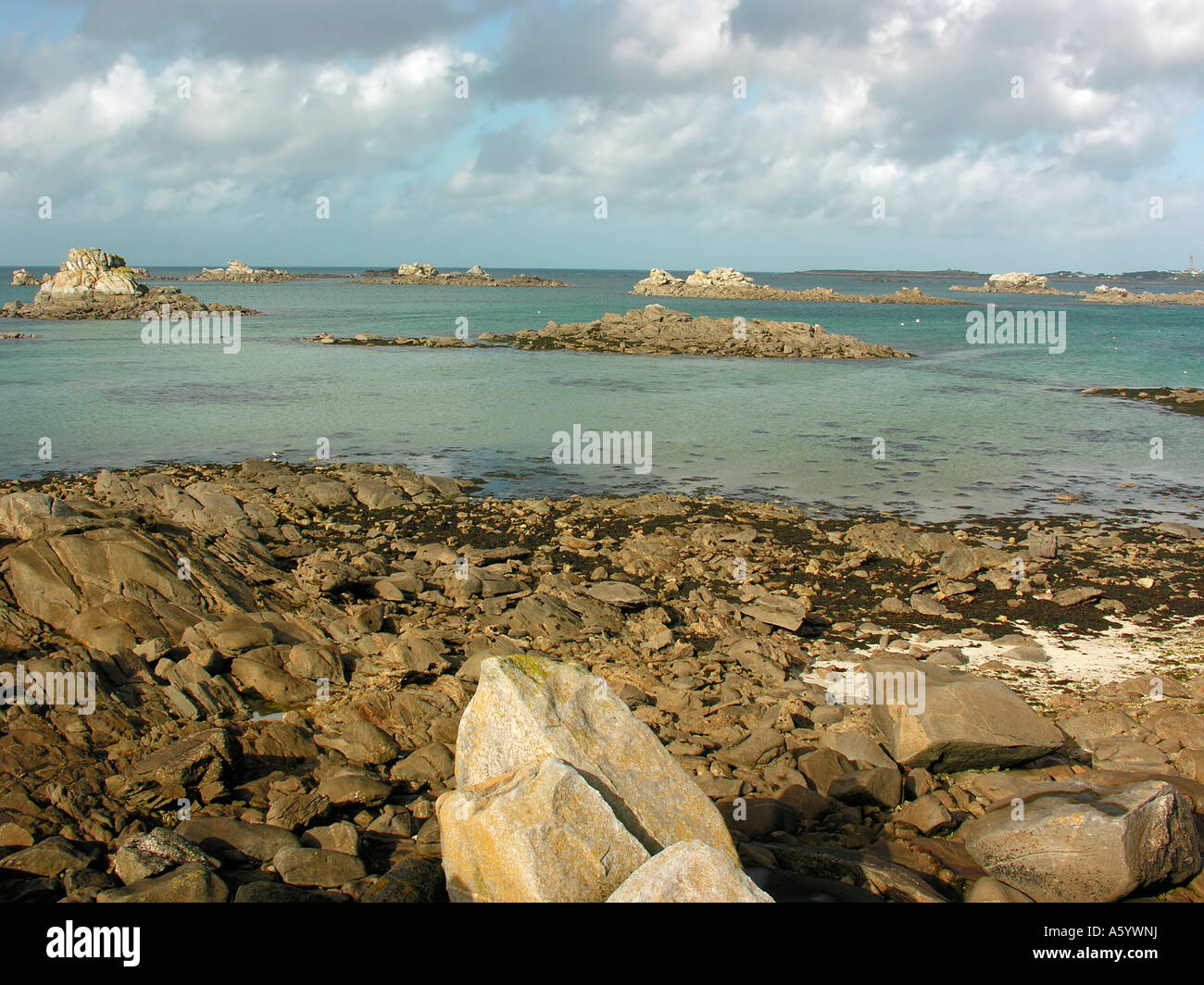 stony coast in Santec near by Roscoff in Finistere Brittany France ...