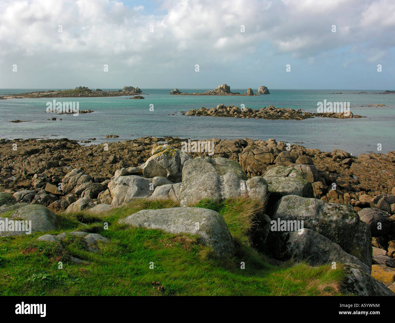 stony coast in Santec near by Roscoff in Finistere Brittany France ...