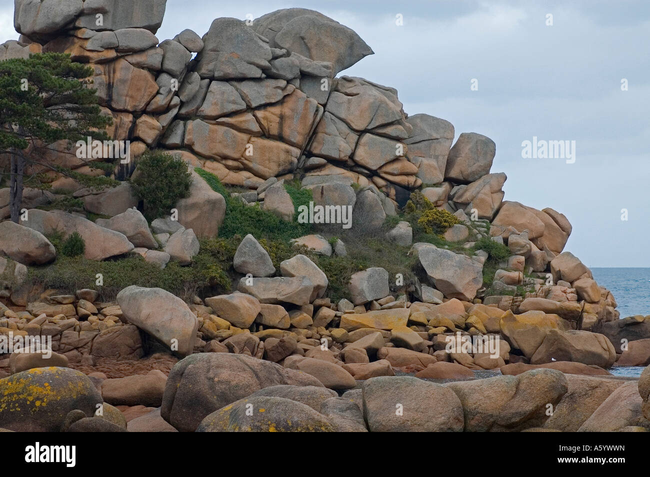 landscape with granit rocks at the coast in Perros Guirec in Finistere ...