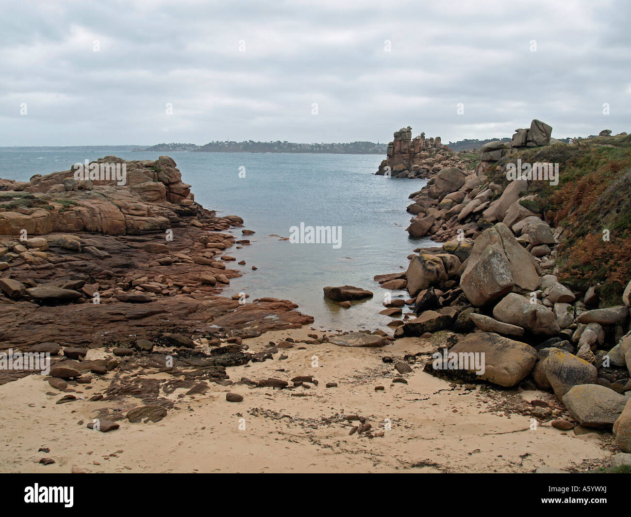 landscape with granit rocks at the coast in Perros Guirec in Finistere ...