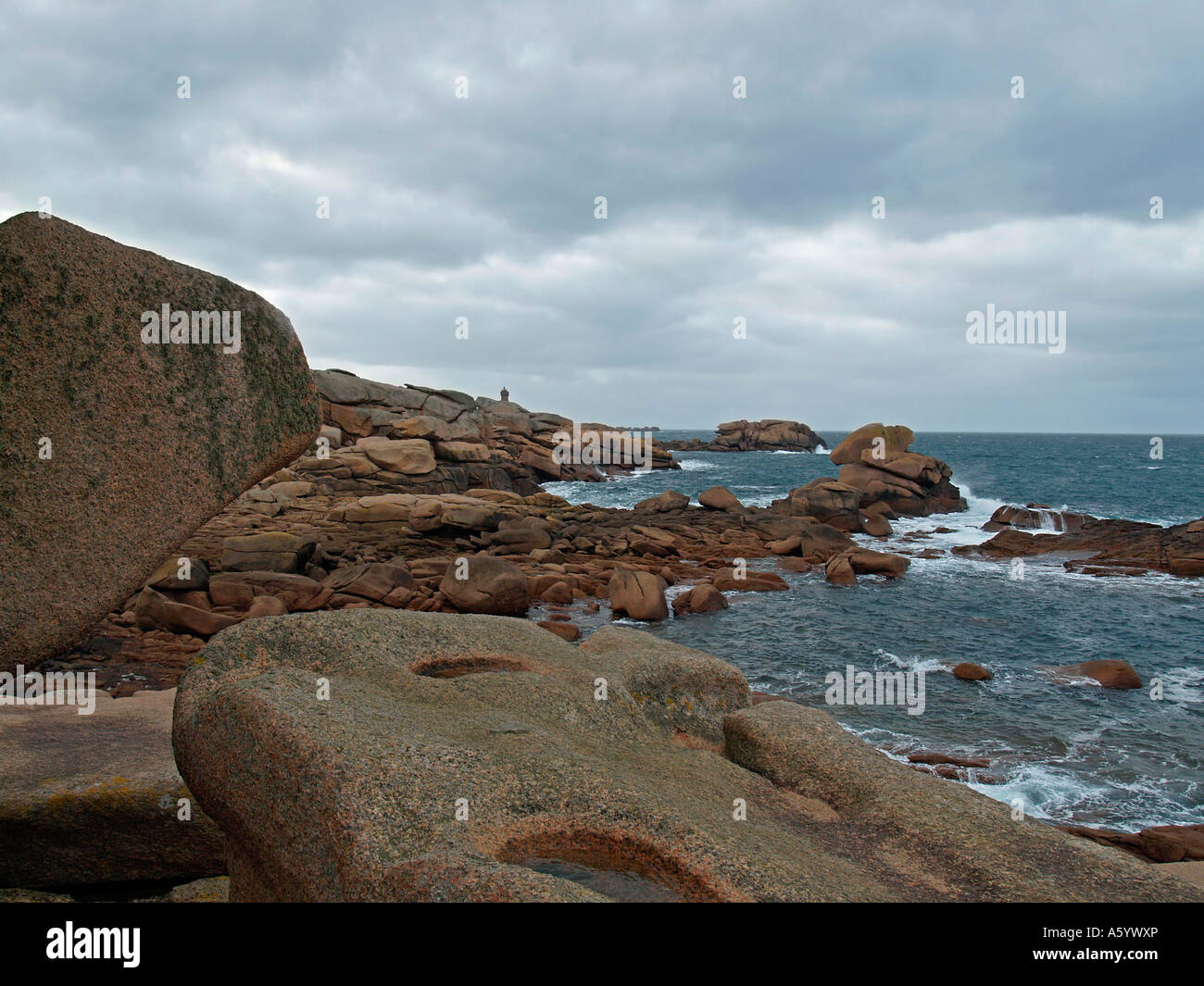 landscape with granit rocks at the coast in Perros Guirec in Finistere ...
