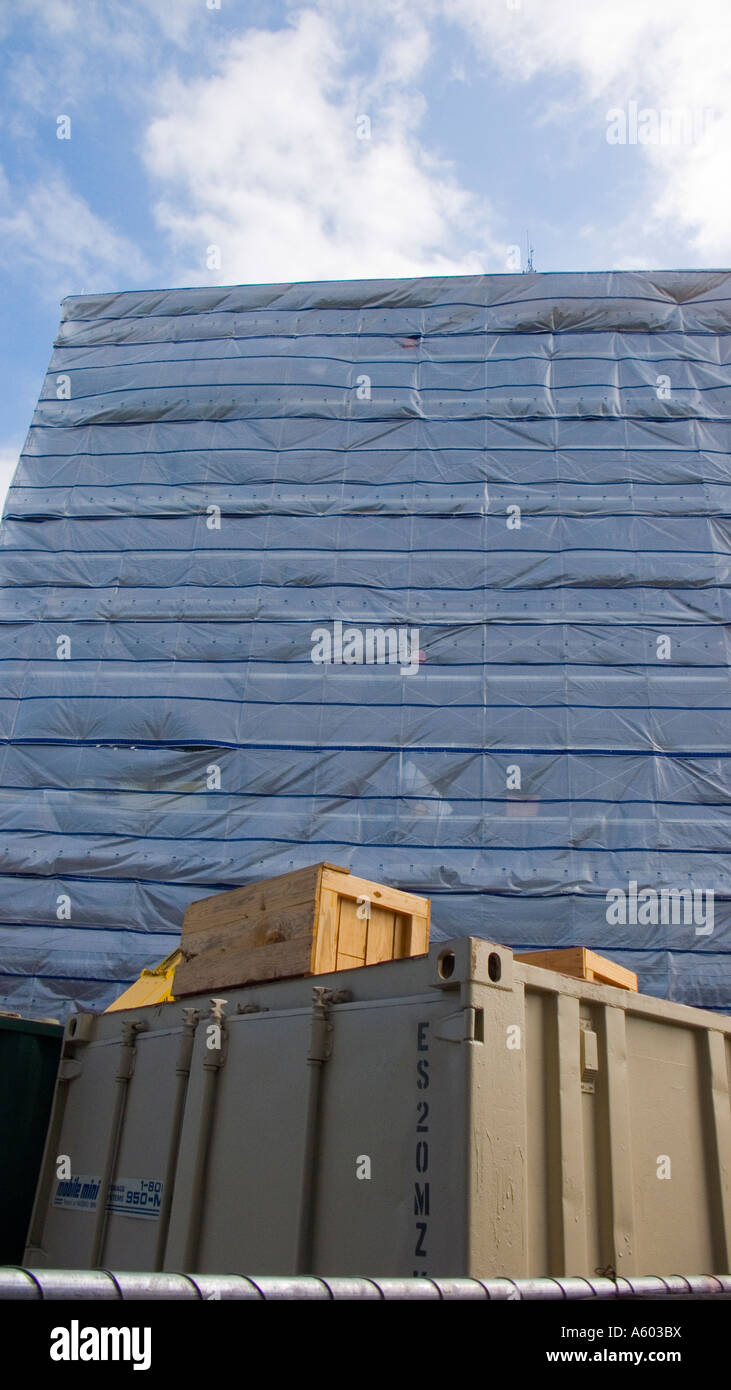 heavy plastic material protective covering over construction on a hospital addition Stock Photo