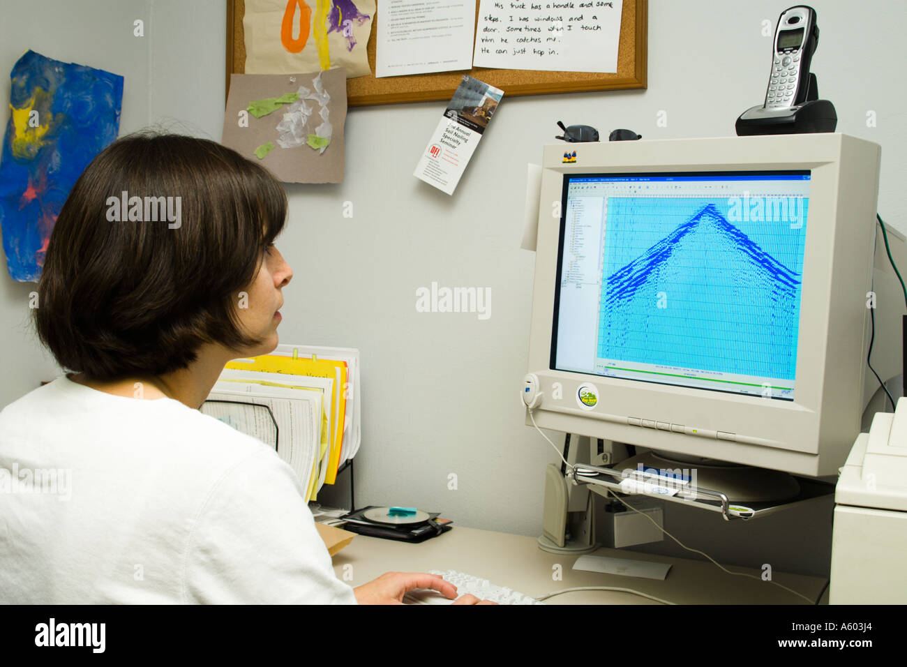 female geologist working at computer with seismic record on screen Stock Photo
