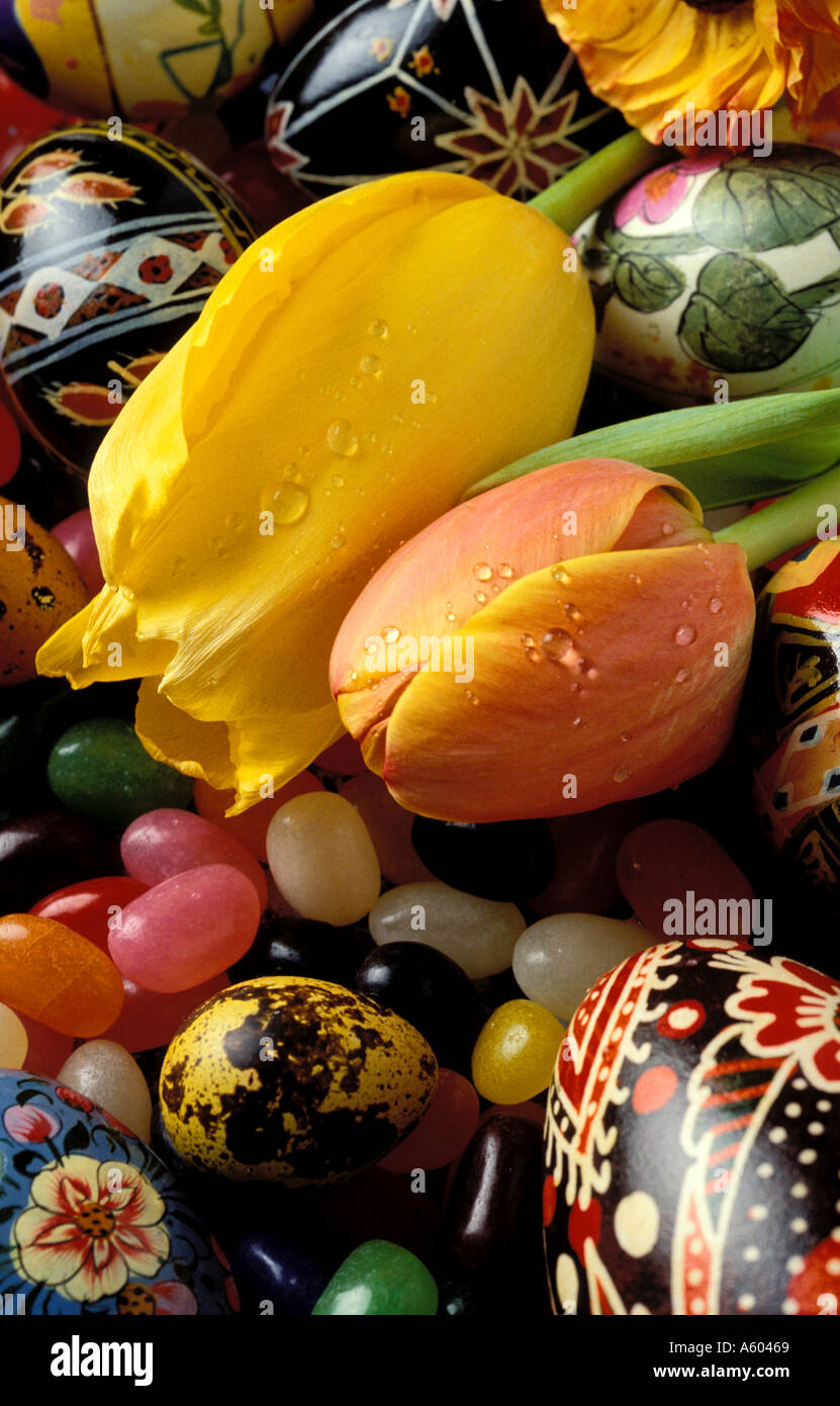 Painted Easter eggs and tulips Stock Photo
