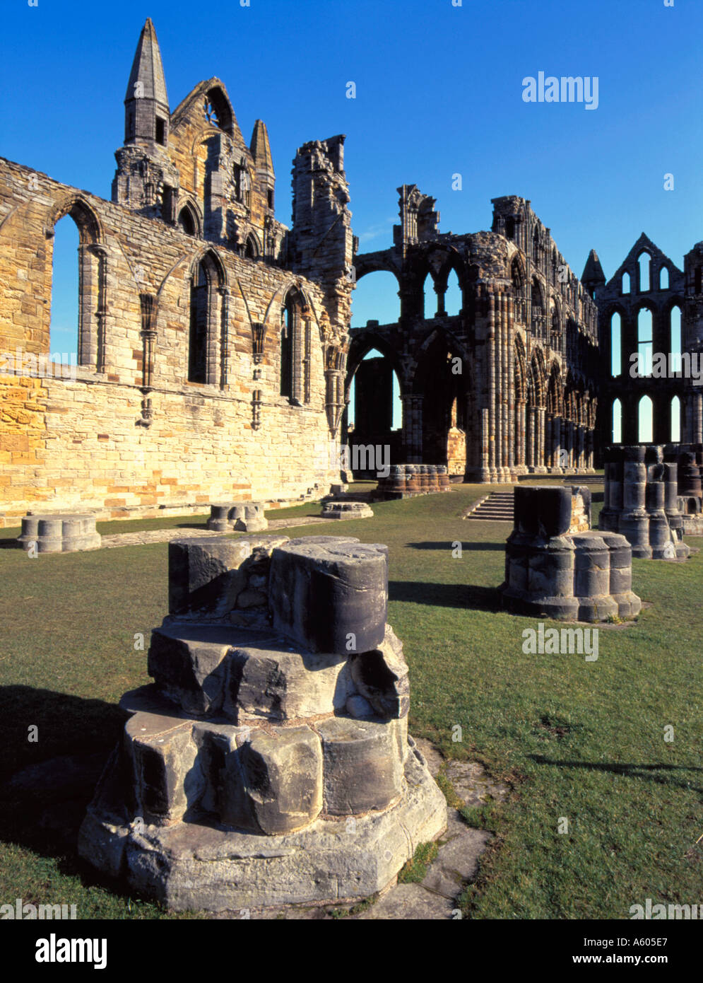 Part of the ruins of Whitby Abbey, Whitby, North Yorkshire, England, UK. Stock Photo