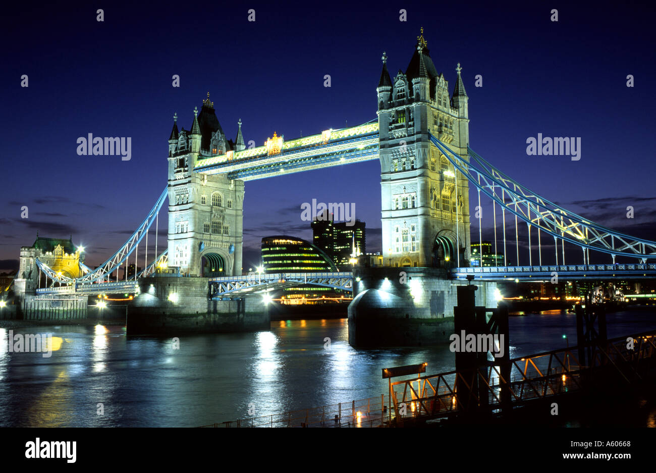 Tower Bridge framing GLA building at night London UK Stock Photo Alamy