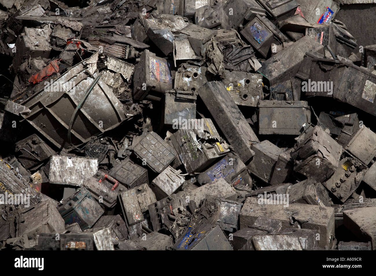 Piles of used batteries ready for recycling at a depot in the Blac
