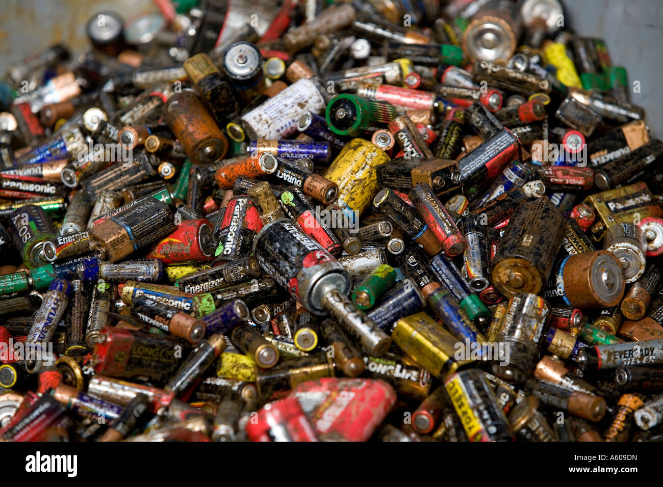 Piles of used batteries ready for recycling at a depot in the Blac Country West Midlands England UK Stock Photo