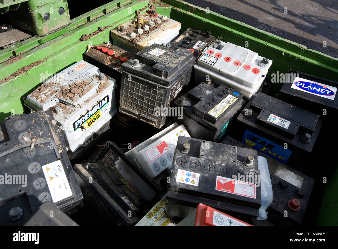 Piles of used batteries ready for recycling at a depot in the Black Country West Midlands