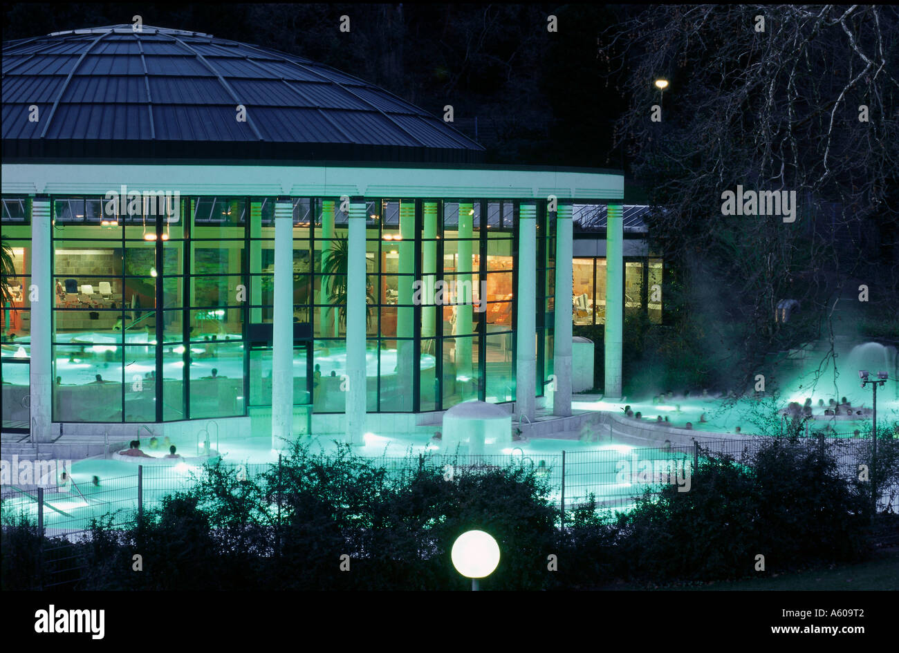 Thermal hot spring lit up at night, Caracalla Therme Baths, Baden-Baden, Baden-Wurttemberg, Germany Stock Photo