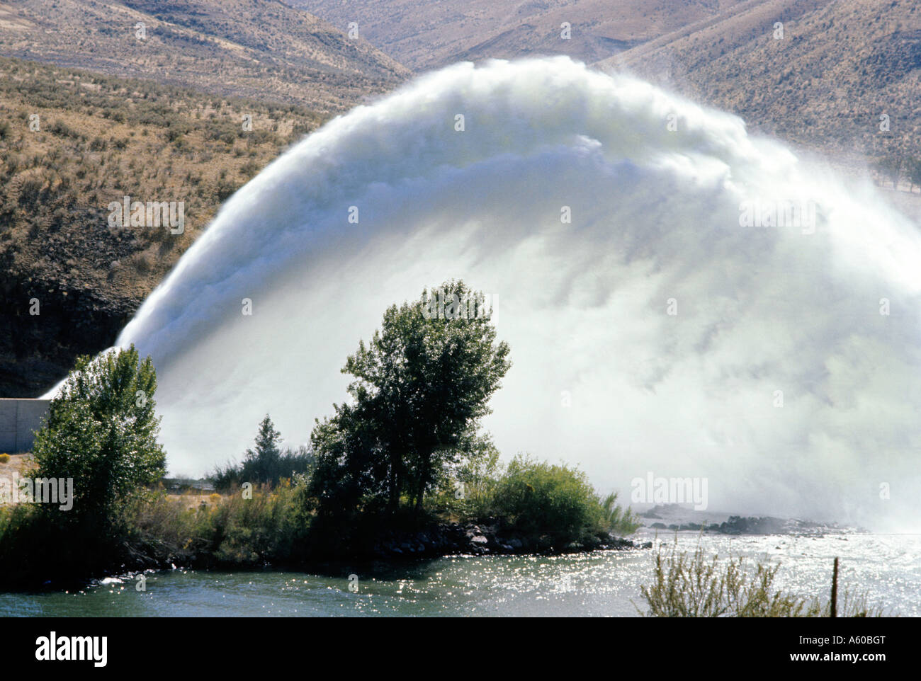 Water being let out of Lucky Peak Dam creates a rooster tail near