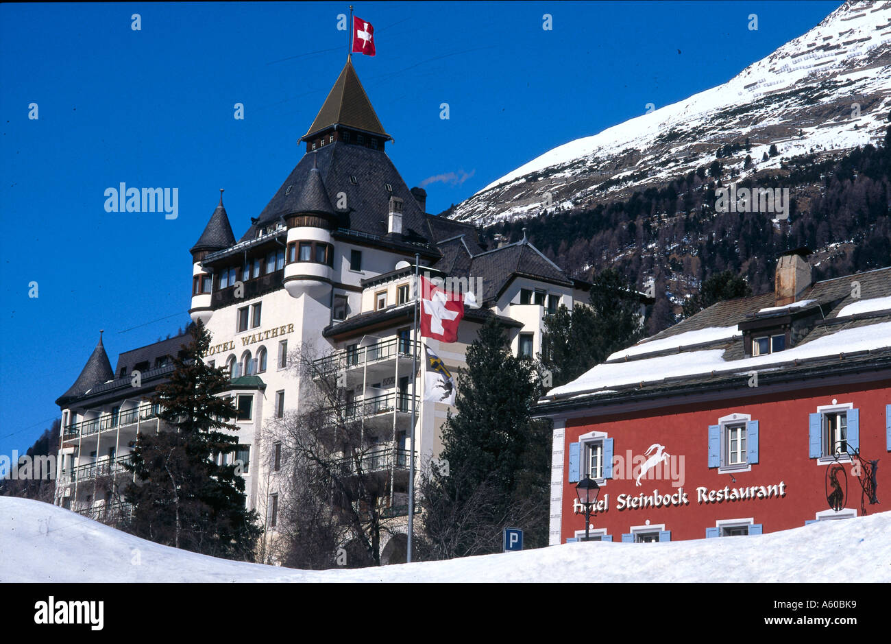 Low angle view of hotels, Hotel Walther, Hotel Steinbock, Pontresina, Graubuenden, Switzerland Stock Photo