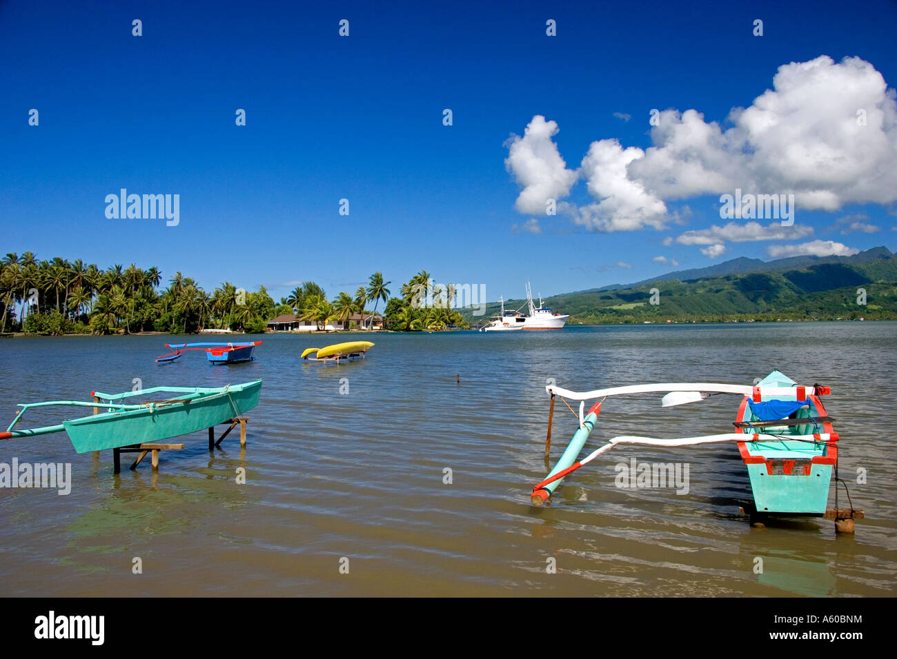 Outrigger canoes being stored on racks that sit above the lagoon at