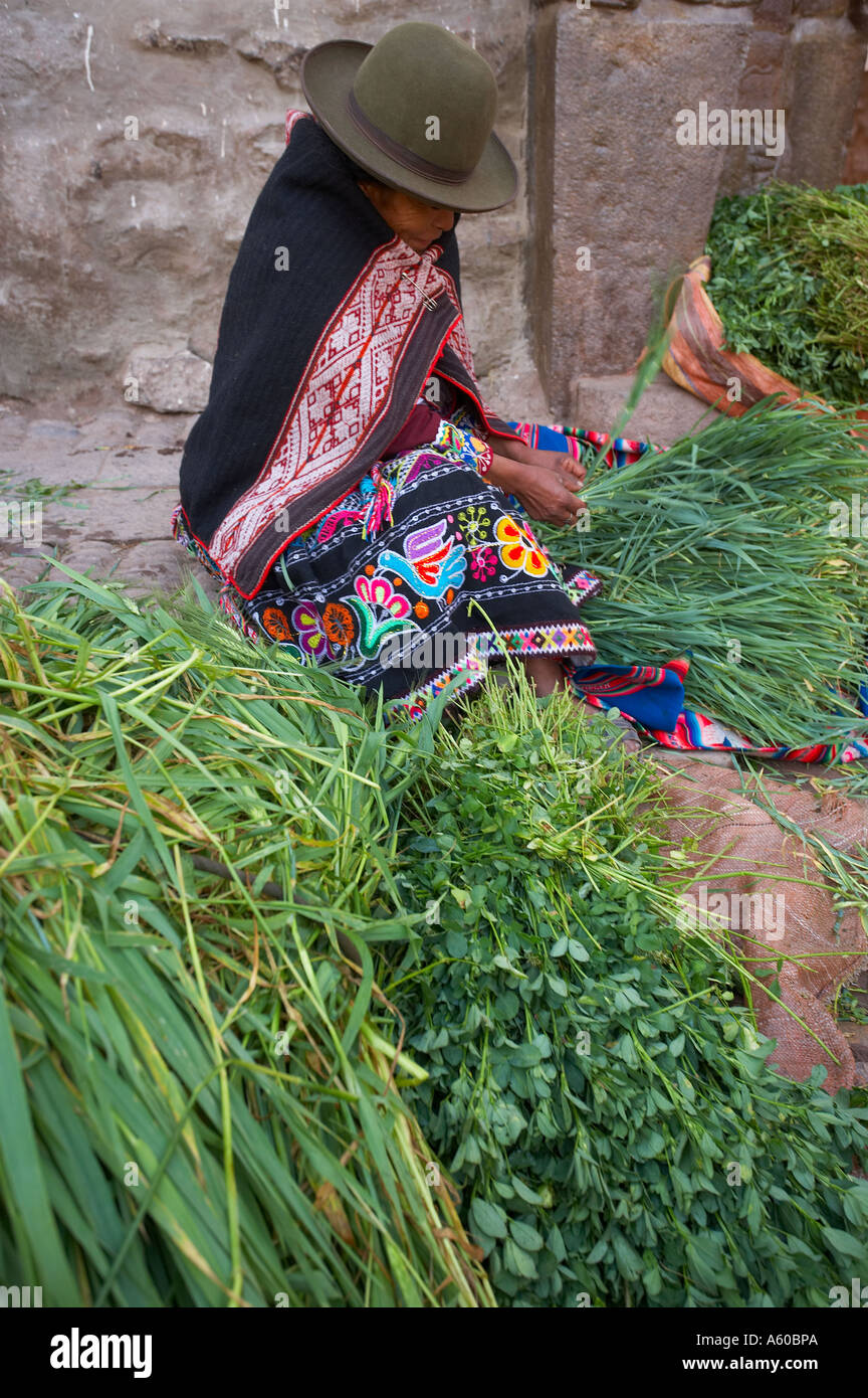 market day in the square selling Greens in Pisac Sacred Valley nr Cusco Peru Stock Photo