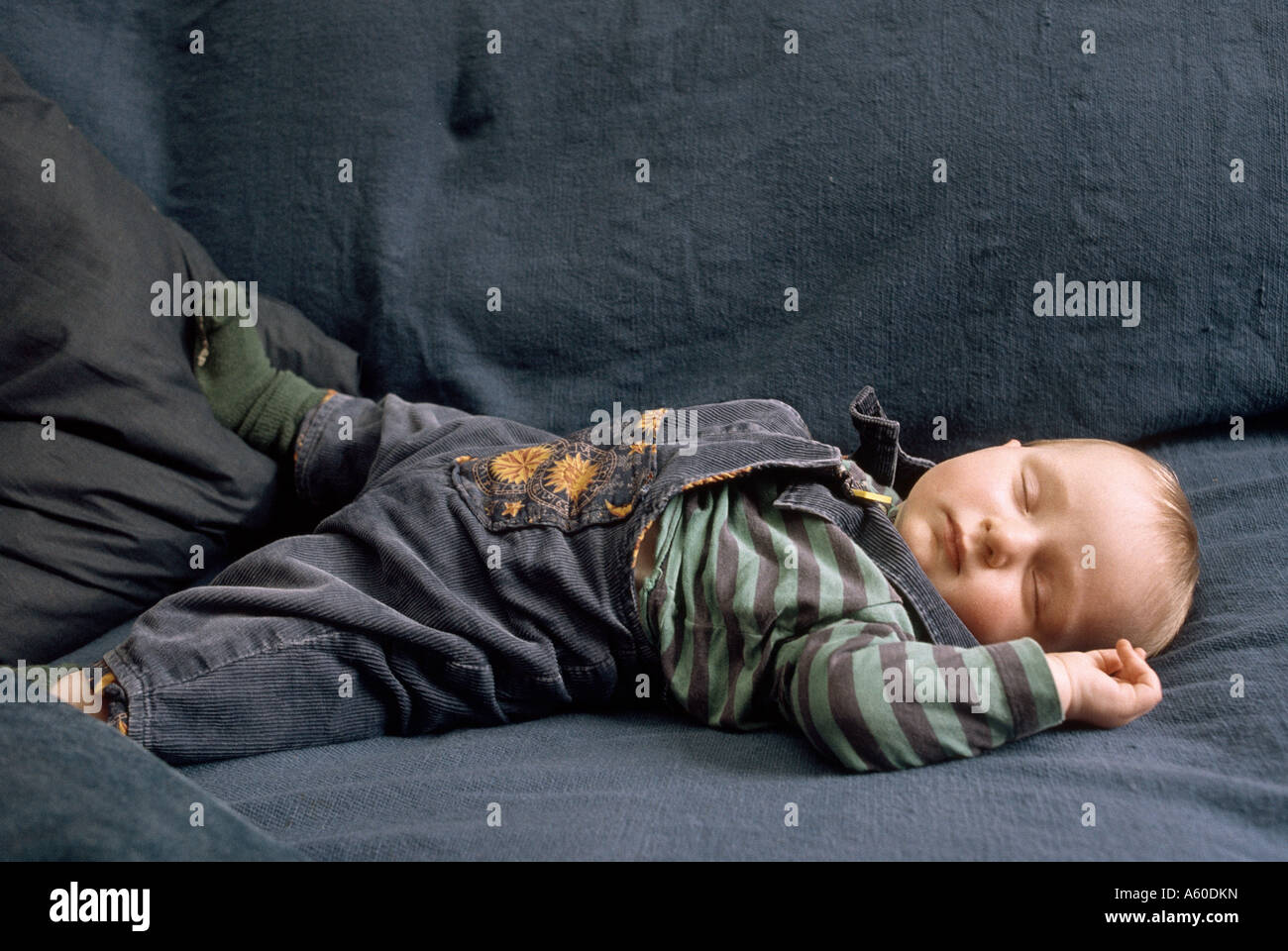 Seven month old baby girl asleep on a couch Stock Photo