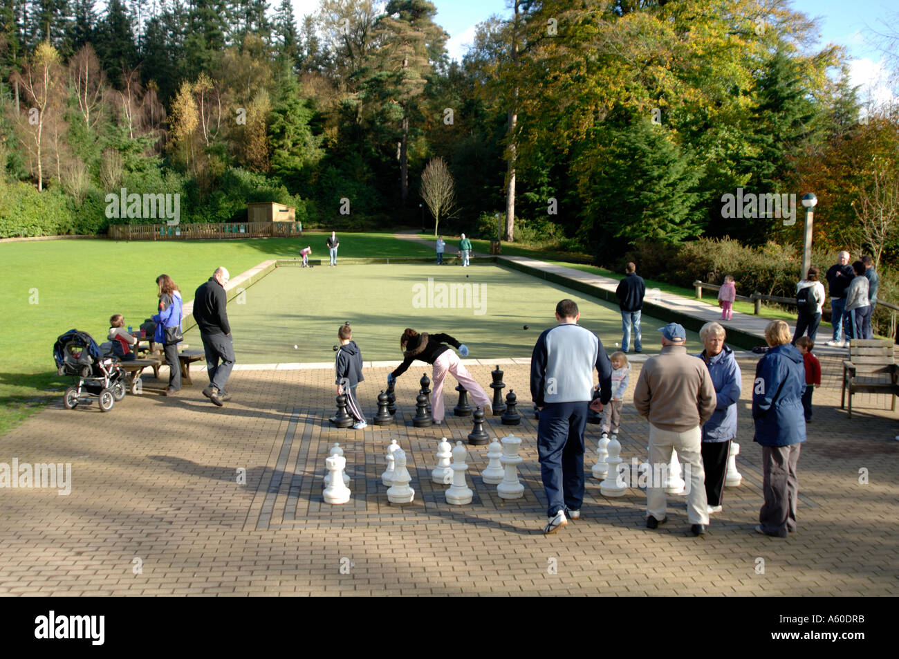 Playing outdoor chess and bowls, Centre Parcs, Longleat, England, UK