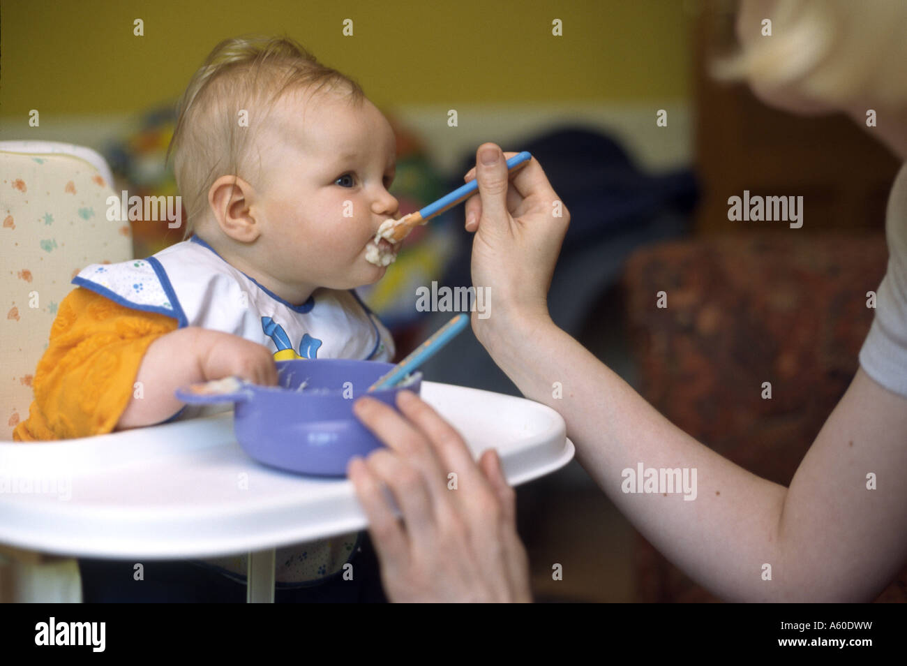 Baby being spoon fed Stock Photo Alamy