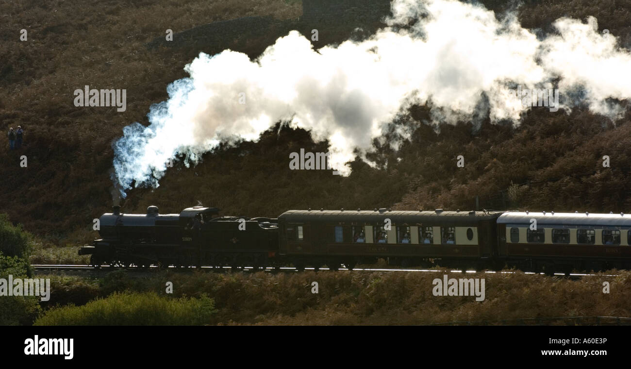 Steam Train climbing hill on the North Yorkshire Moors Railway Stock Photo