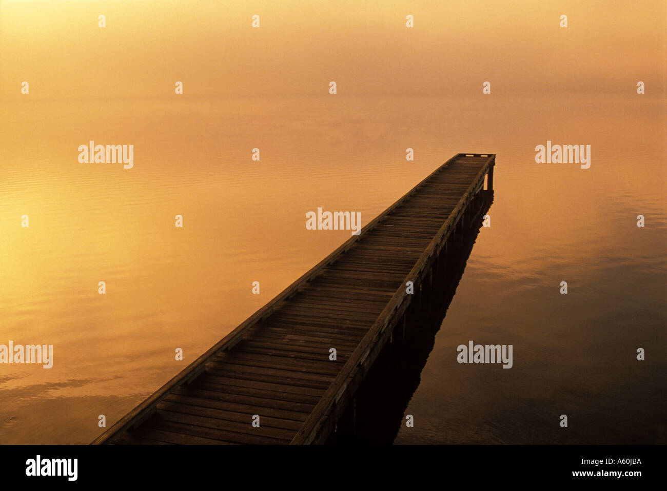 A wooden dock points toward the far shore of a foggy lake Stock Photo