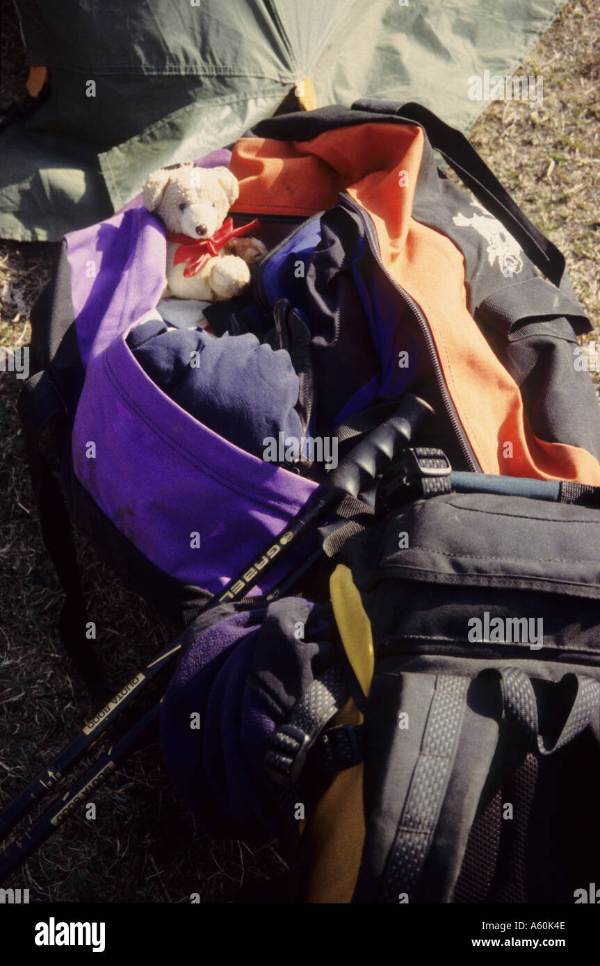 Clothing and equipment required for a trekking holiday packed in a soft holdall and day rucksack