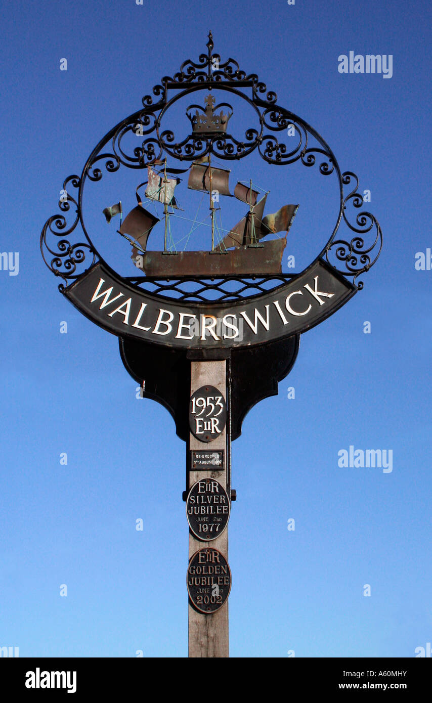 The sign that welcomes you to the village of Walberswick in Suffolk England. Stock Photo
