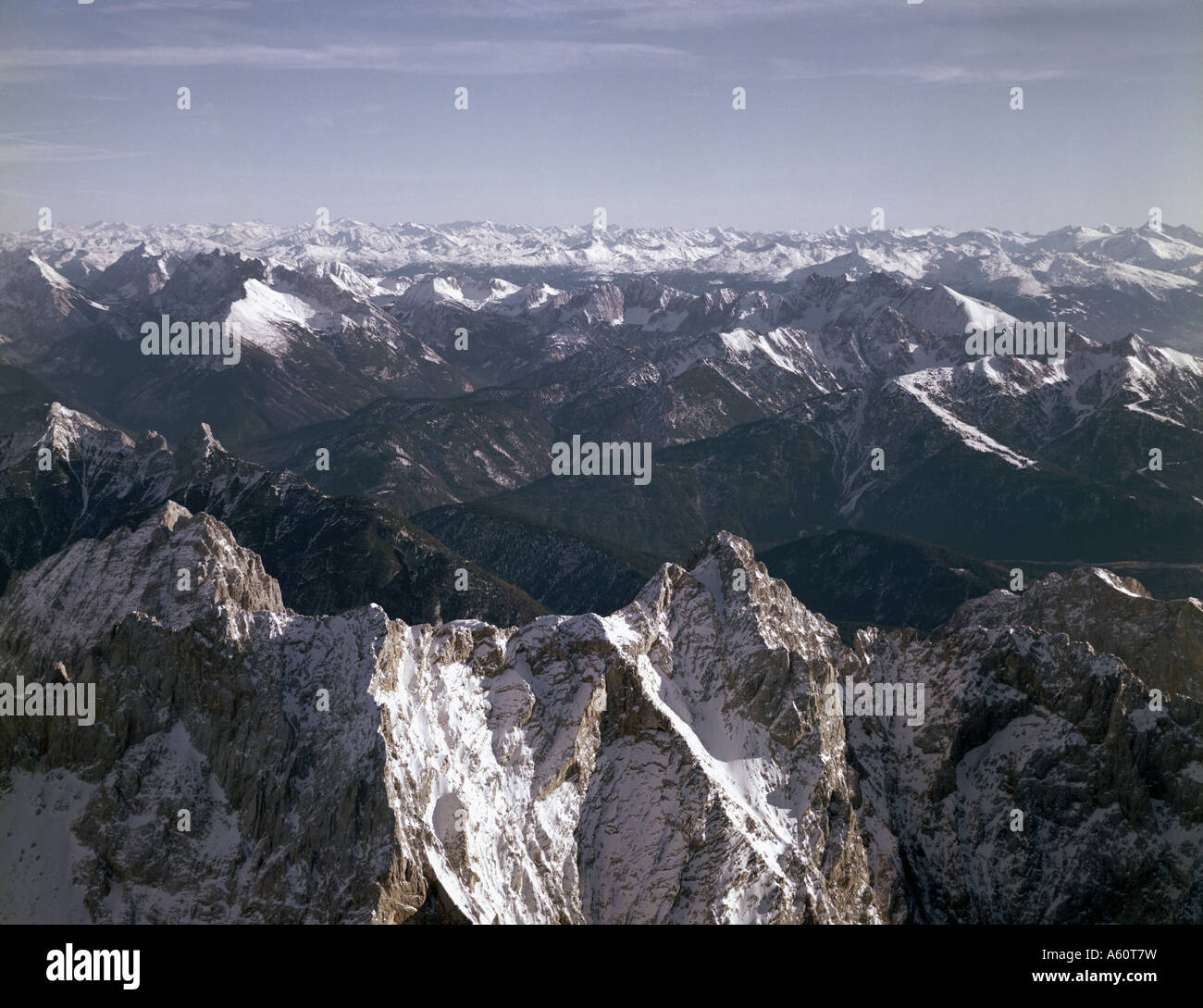 view from Wetterstein to Karwendel mountains, Germany, Bavaria, Bavarian Alps Stock Photo