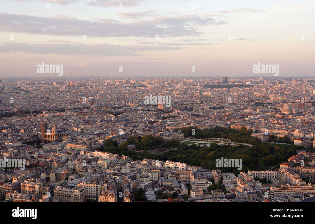 Aerial view of Paris at sunset with the Jardin and Palais du Luxembourg in the foreground and Saint Sulpice to the left Paris Stock Photo