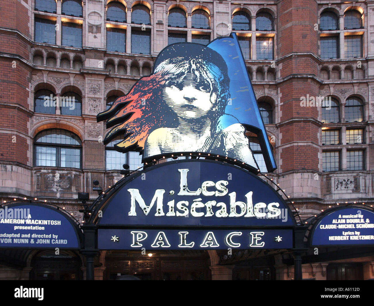 Les Miserables Billboard on historical Palace Theatre Shaftesbury Avenue West End theatreland entertainment London musical show england UK Stock Photo