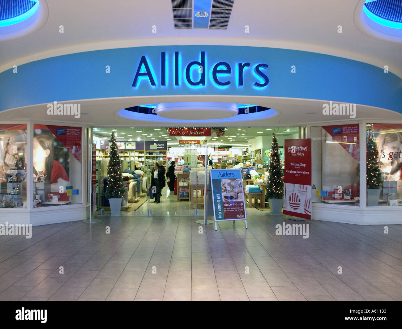 Allders department store entrance historical scene within the Lakeside shopping complex at Christmas before closing in 2005 Essex England UK Stock Photo