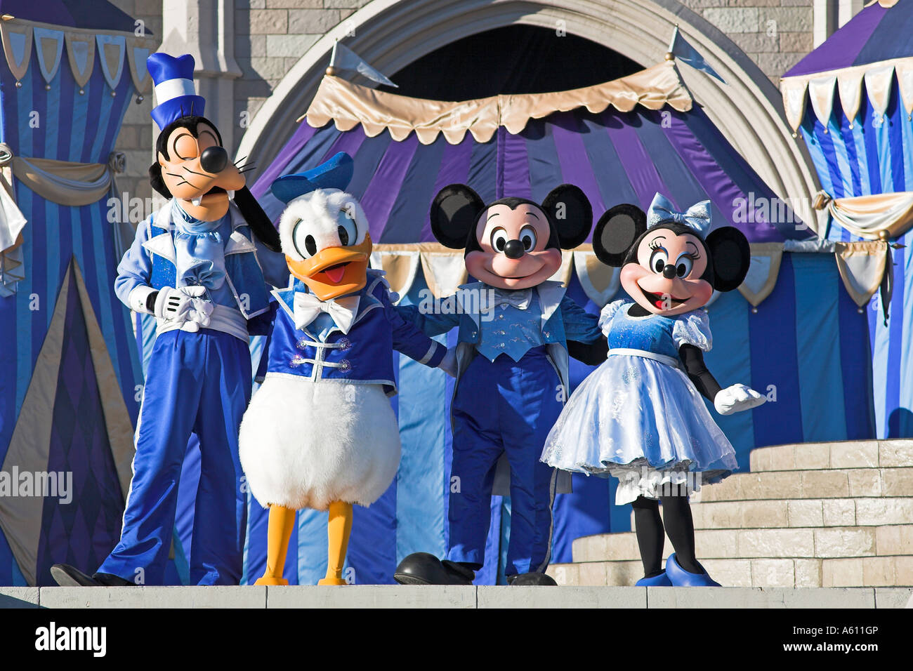 Mickey and Minnie Mouse on stage with Goofy and Donald Duck, Magic Kingdom, Orlando, Florida, USA Stock Photo