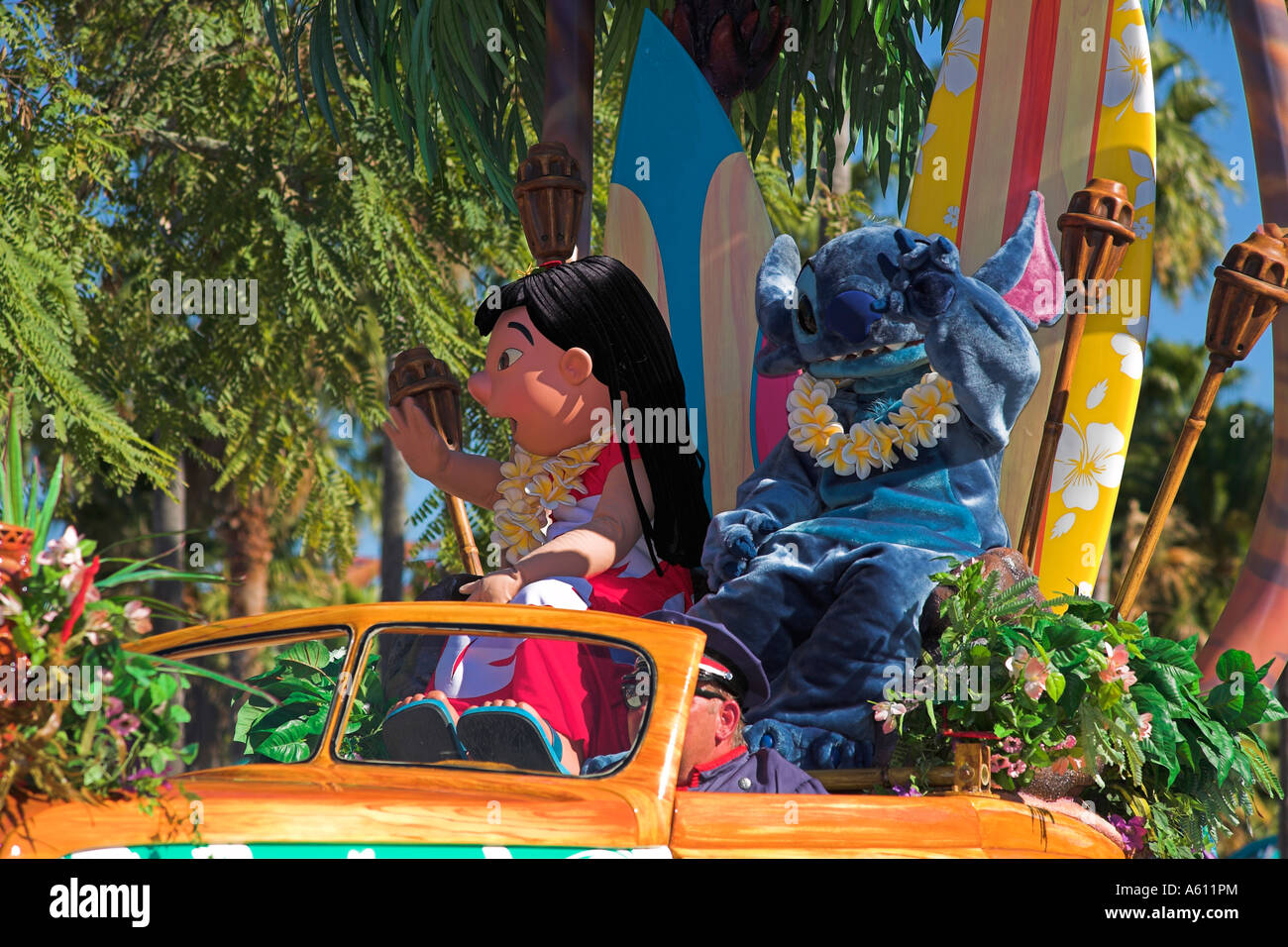 Lilo and Stitch Disney characters in car in parade, Disney MGM Studios, Disney World, Orlando, Florida, USA Stock Photo