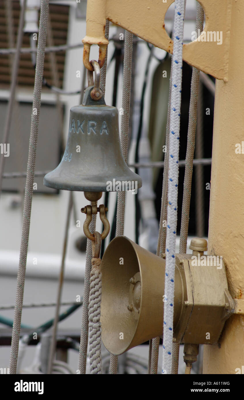 Ships bell and loudspeaker on the deck of a tall ship Stock Photo Alamy