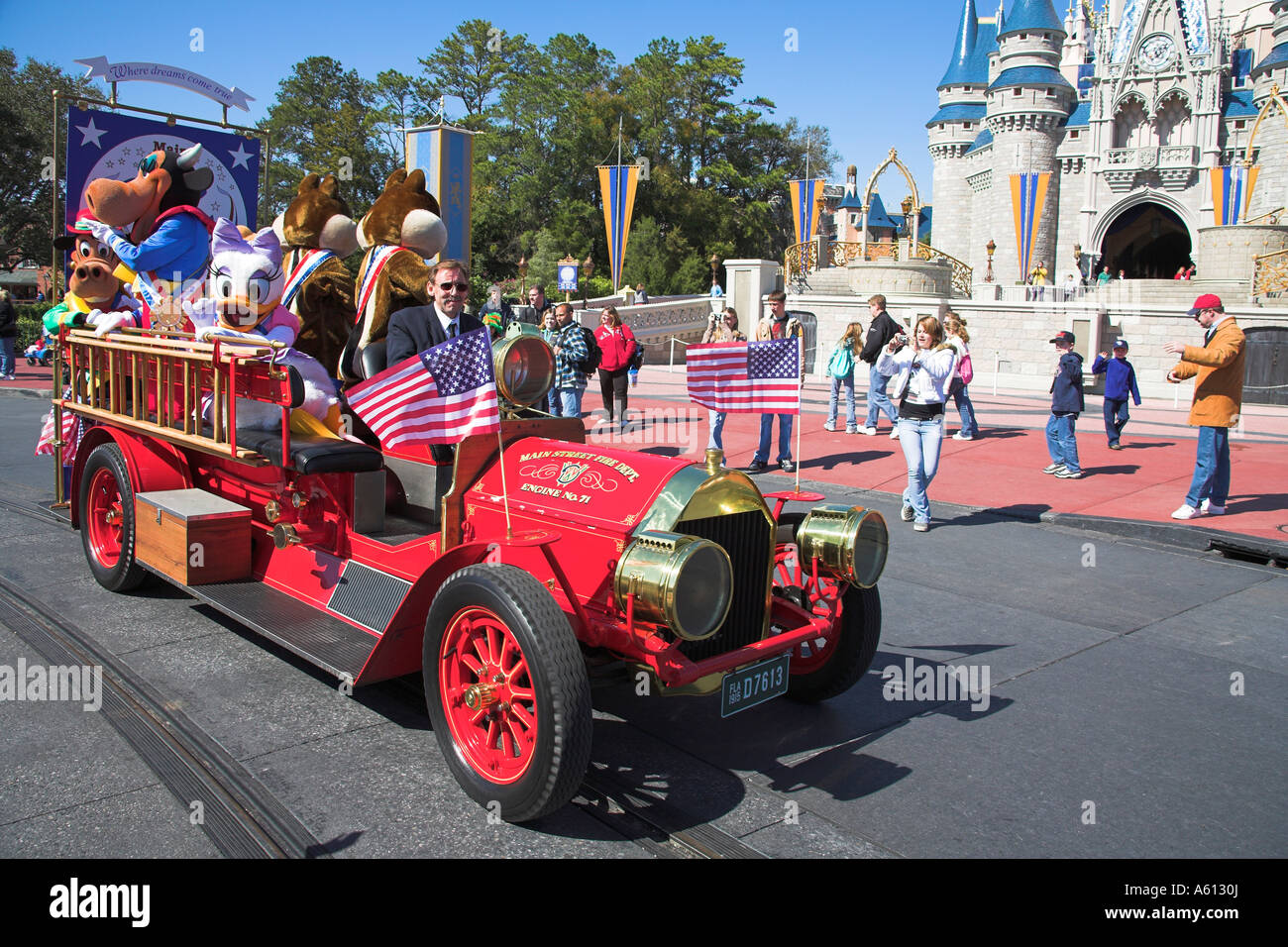 Fire tender and Disney characters, Disney Dreams Come True Parade, Magic Kingdom, Disney World, Orlando, Florida, USA Stock Photo