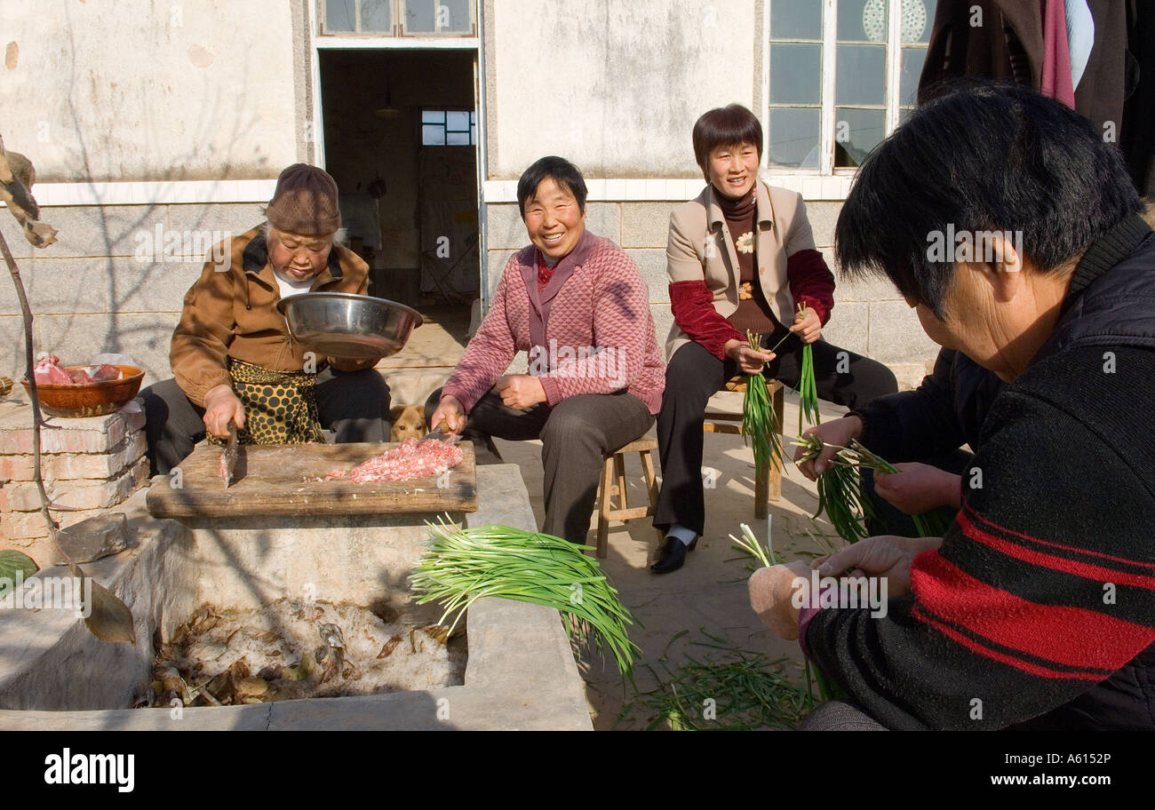 Women making traditional dim sum Chinese dumplings. Preparing meat and spring onions outside farmhouse. Shandong Province, China Stock Photo
