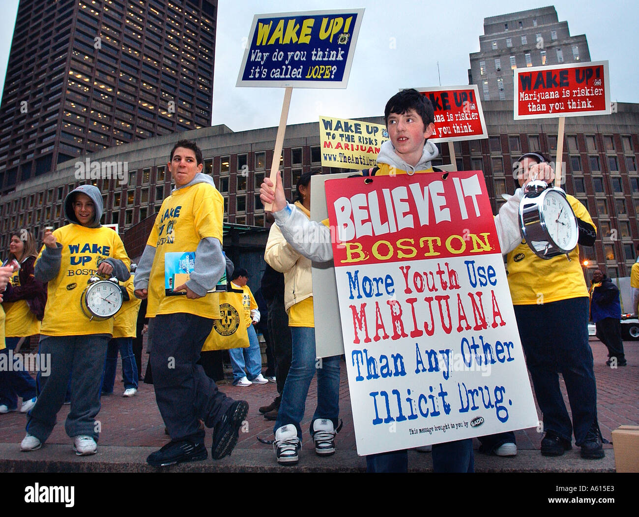 Teenagers rally holding signs with an anti drug message in Boston Massachusetts Stock Photo