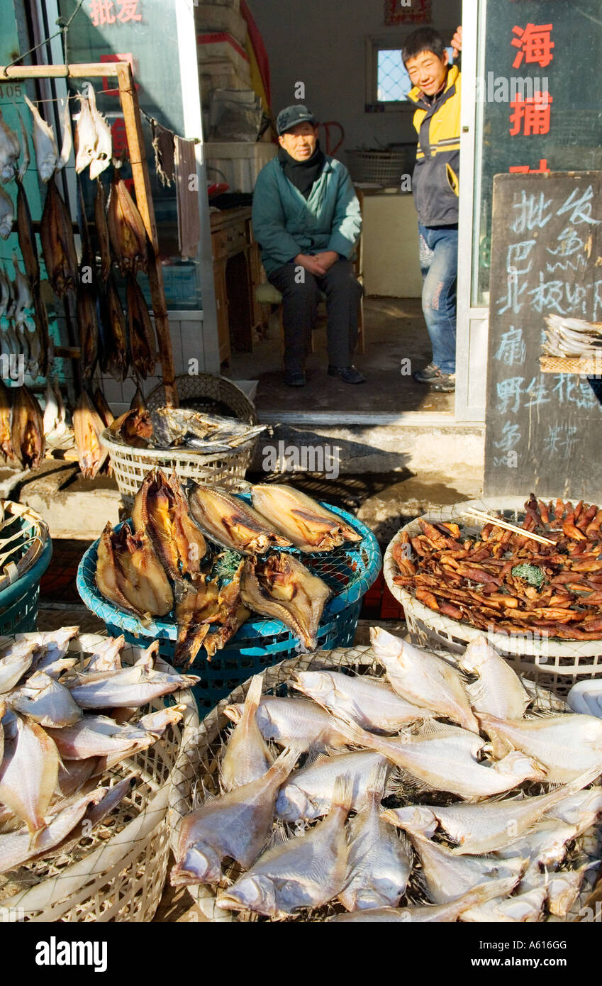 Selling freshly caught landed fish on harbour front shop stall. Yantai port in Shandong Province, China Stock Photo