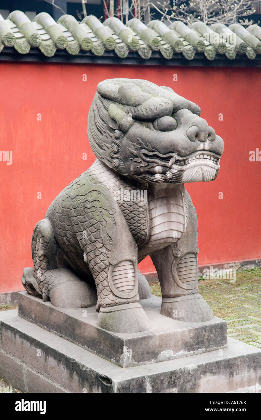 Chinese carved stone lion statue in courtyard of the Wu Hou Ci Shrine
